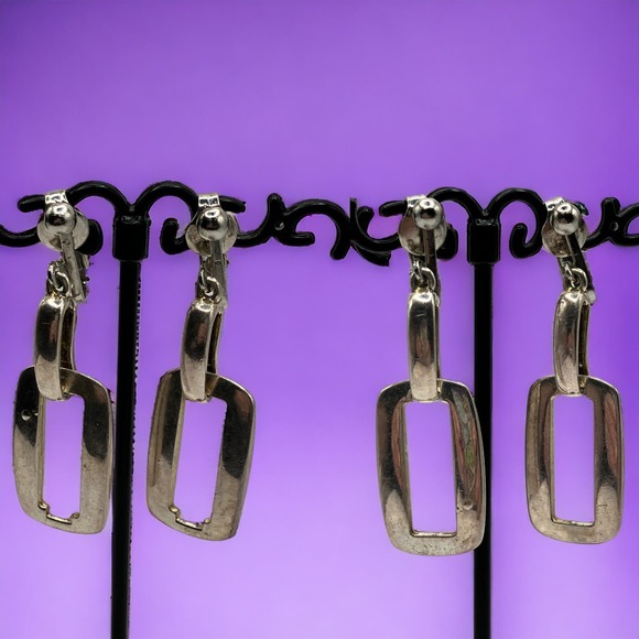 2 Silver-Tone Rectangle Door Knockers Hoop in 1 Clip-On Earrings! - Picture 1 of 6